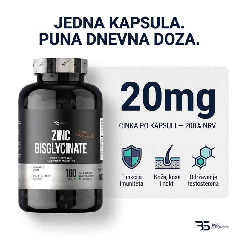 Zinc Bisglycinate CoreChelate 20 mg 100 kapsula - Basic Supplements